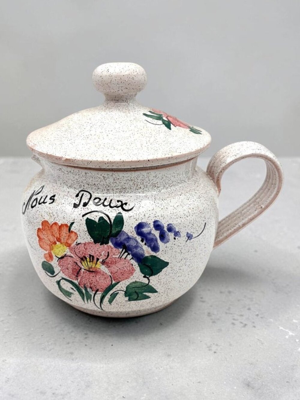 Vintage Nous Deux Floral Ceramic Lidded Pitcher Speckled Pink Cream 6"